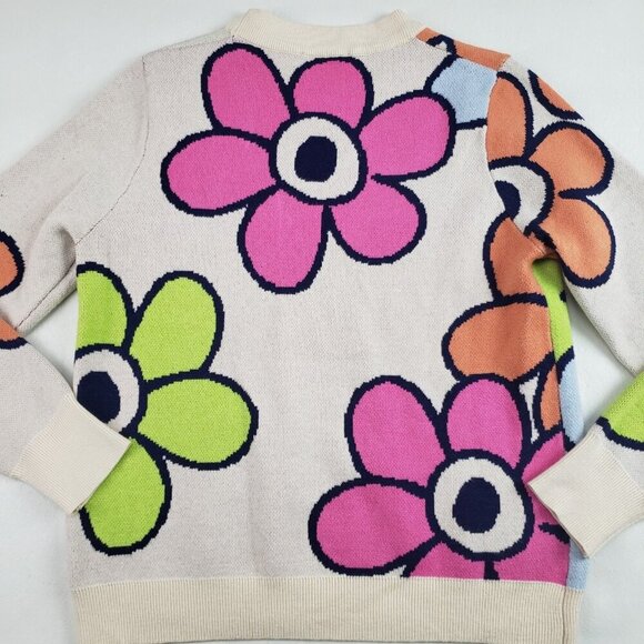 THML Flower Power Retro Sweater Womens Small Cream Colorful Long Sleeve Knit - Picture 7 of 10